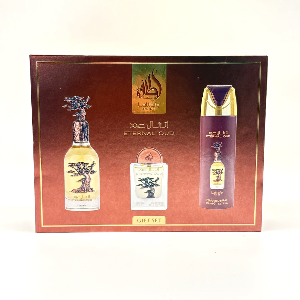 Lattafa Eternal Oud 3 Pc Set For Men 100 ml + 20 ml + 200 ml Body Spray + Travel Size