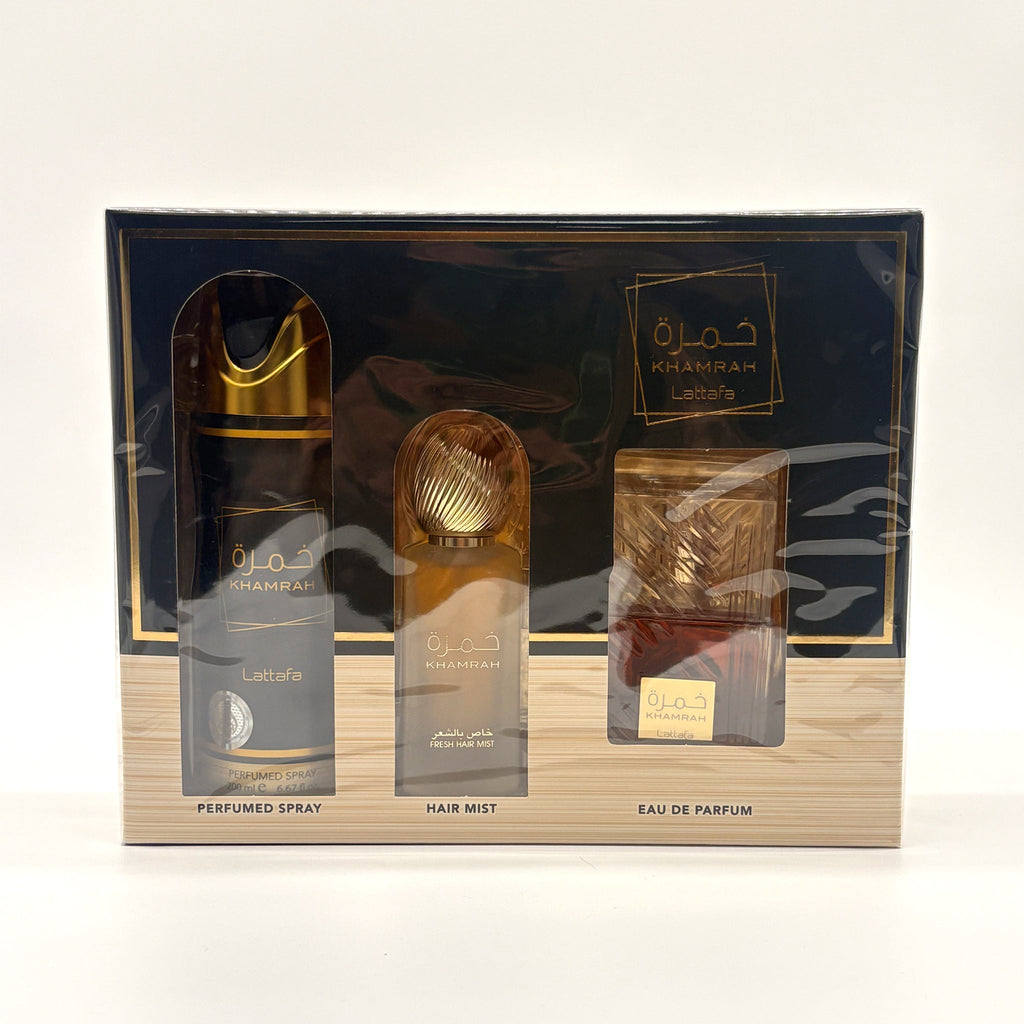 Lattafa Khamrah 3pc Set 3.4 Oz Edp + 6.67 Oz Body Spray + 1.7 Oz Hair Mist