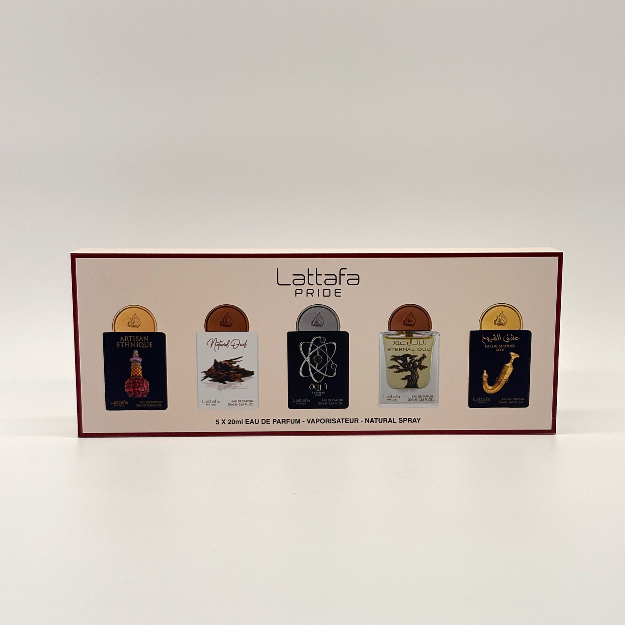 Lattafa 5 Pc Mini Spray Set Artisan Ethnique 20 Ml + Natural Oud 20 Ml + Tharwah Silver 20ml + Eternal Oud 20 Ml+Ihsq Al Shuyuk