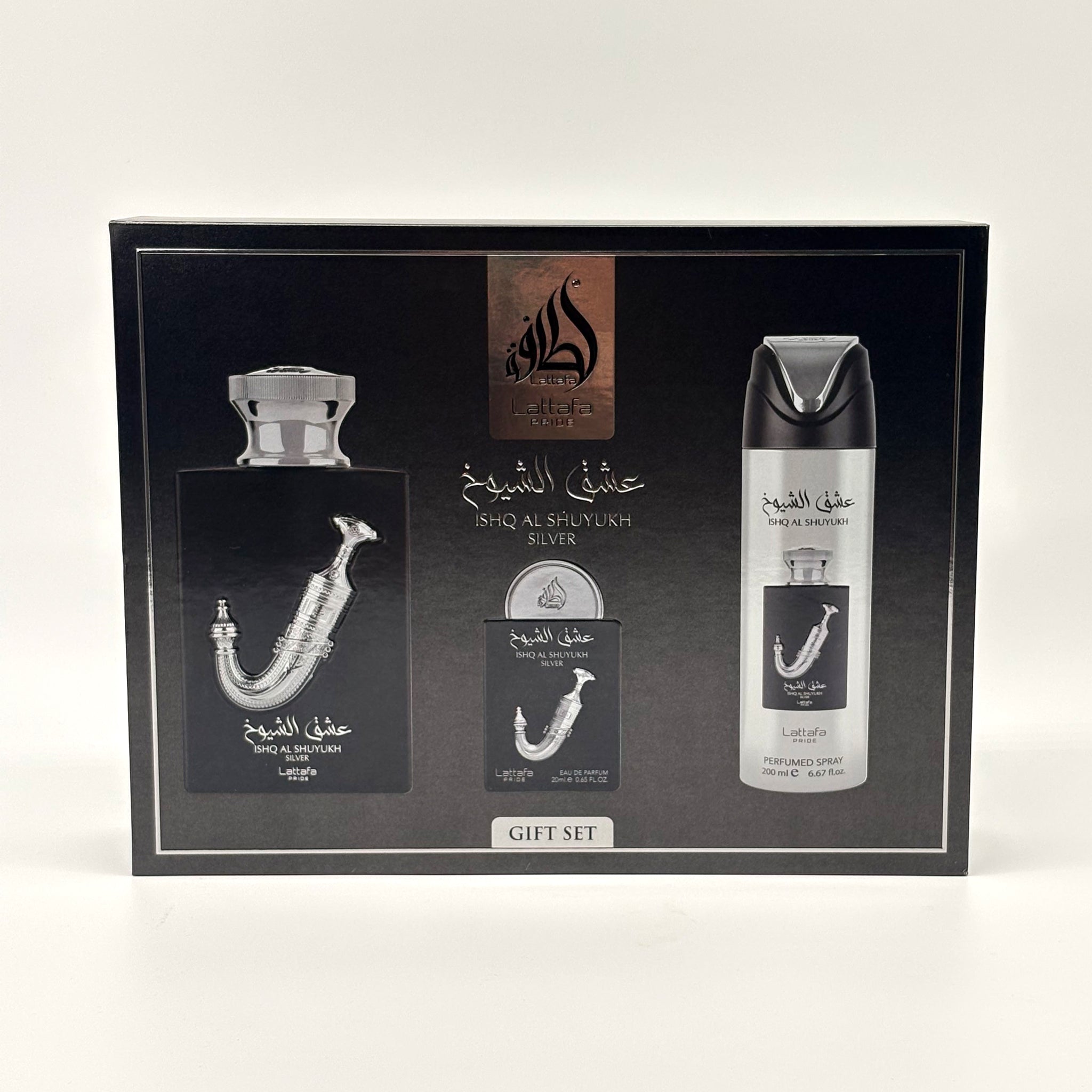 Lattafa Ishq Al Shuyukh Silver 3 Pc Set For Men 100 ml + 20 ml + 200 ml Body Spray + Travel Size