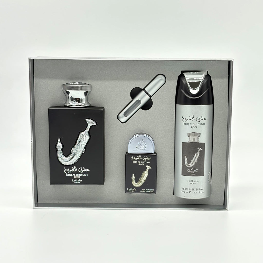 Lattafa Ishq Al Shuyukh Silver 3 Pc Set For Men 100 ml + 20 ml + 200 ml Body Spray + Travel Size