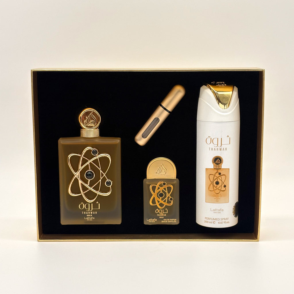 Lattafa Tharwah Gold 3 Pc Set 100 ml Edp + 20 ml Edp + 200 ml Body Spray