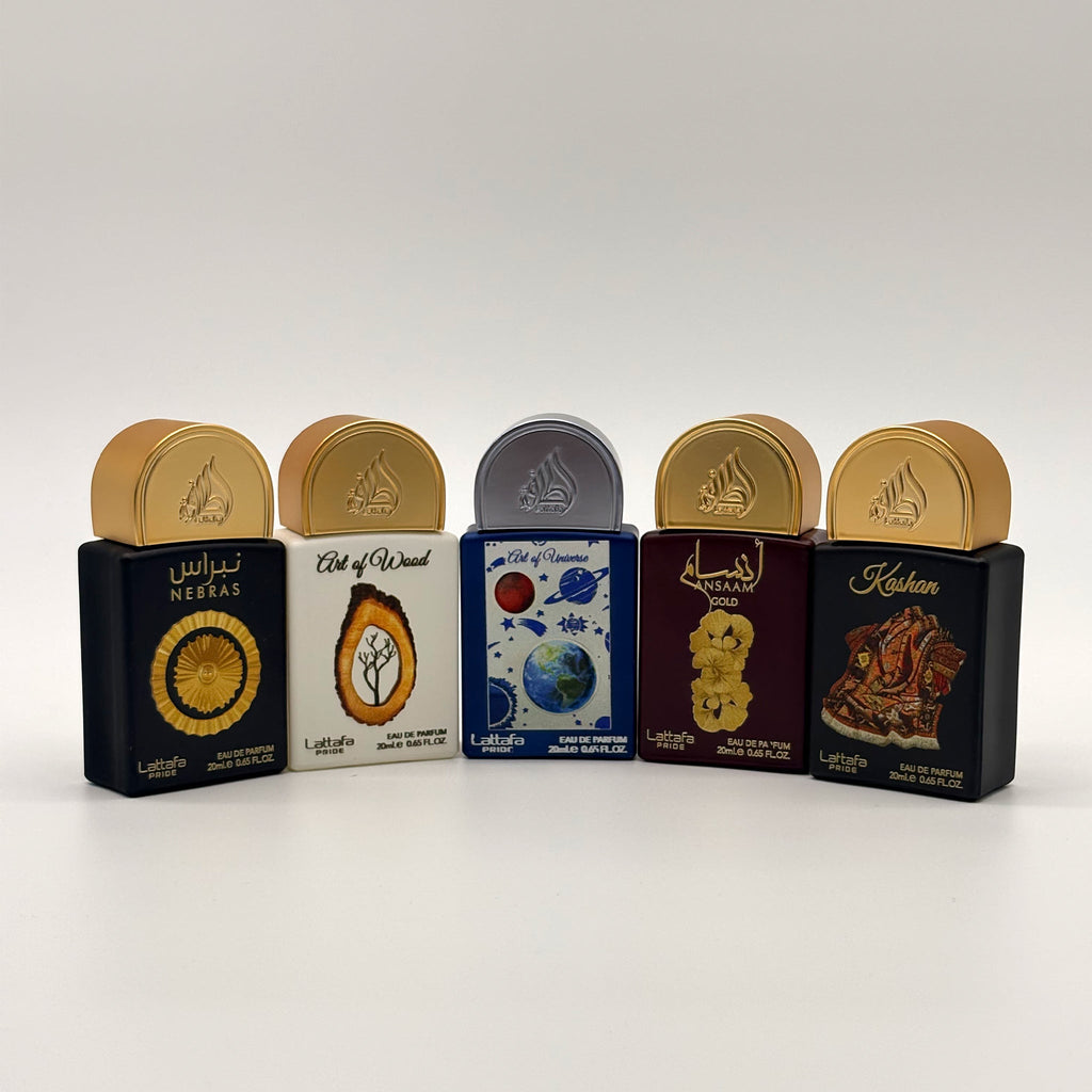 Lattafa 5 Pc Mini Spray Nebras + Art of Wood + Art Of Universe + Ansaam + Kashan 20ml