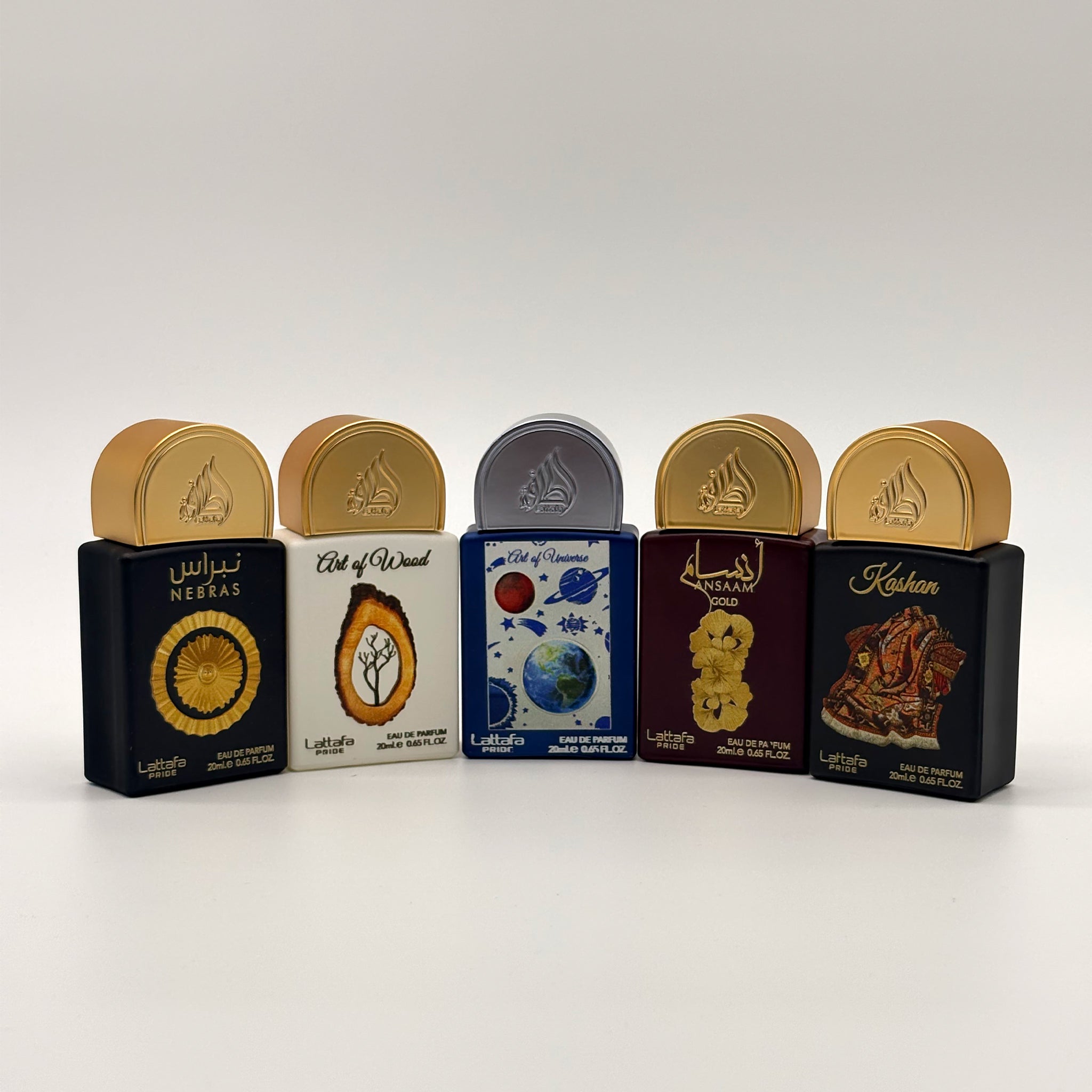 Lattafa 5 Pc Mini Spray Nebras + Art of Wood + Art Of Universe + Ansaam + Kashan 20ml