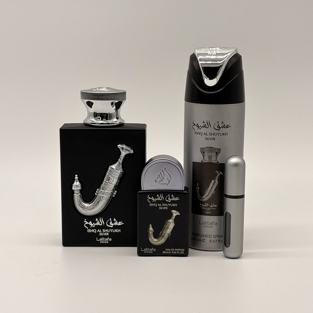 Lattafa Ishq Al Shuyukh Silver 3 Pc Set For Men 100 ml + 20 ml + 200 ml Body Spray + Travel Size