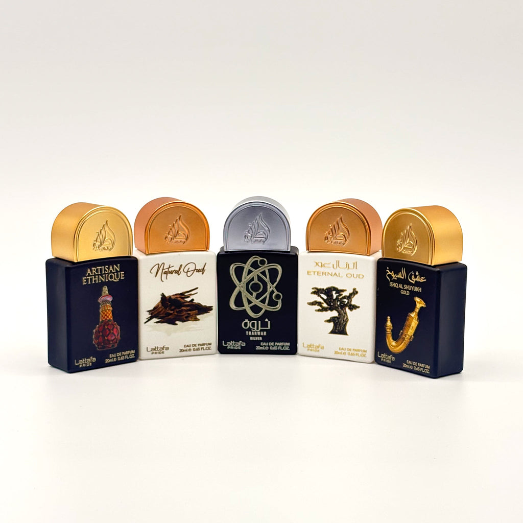 Lattafa 5 Pc Mini Spray Set Artisan Ethnique 20 Ml + Natural Oud 20 Ml + Tharwah Silver 20ml + Eternal Oud 20 Ml+Ihsq Al Shuyuk