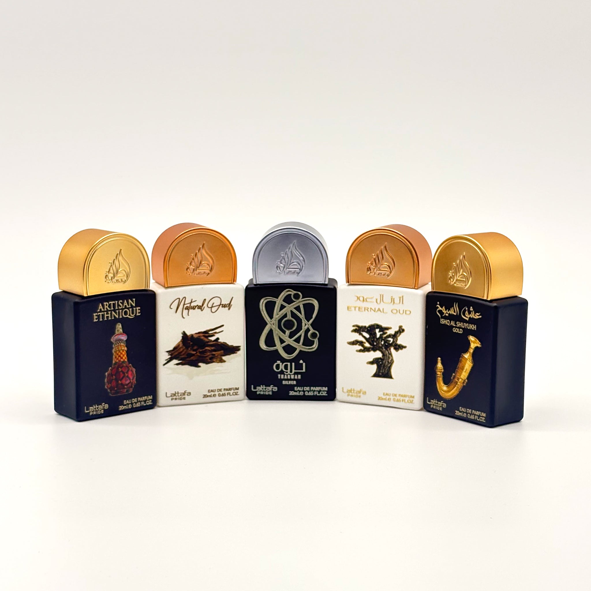 Lattafa 5 Pc Mini Spray Set Artisan Ethnique 20 Ml + Natural Oud 20 Ml + Tharwah Silver 20ml + Eternal Oud 20 Ml+Ihsq Al Shuyuk
