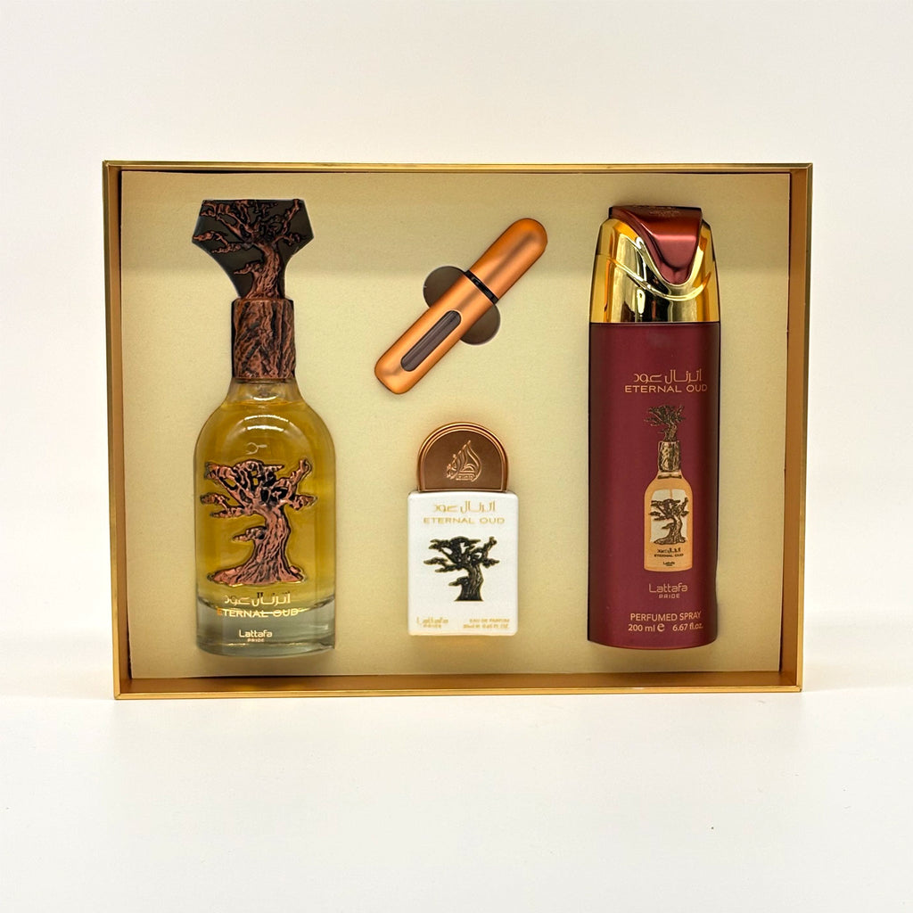 Lattafa Eternal Oud 3 Pc Set For Men 100 ml + 20 ml + 200 ml Body Spray + Travel Size