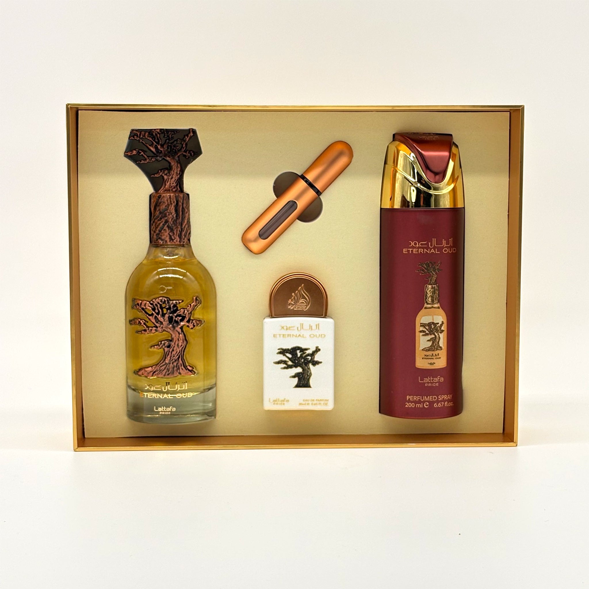 Lattafa Eternal Oud 3 Pc Set For Men 100 ml + 20 ml + 200 ml Body Spray + Travel Size