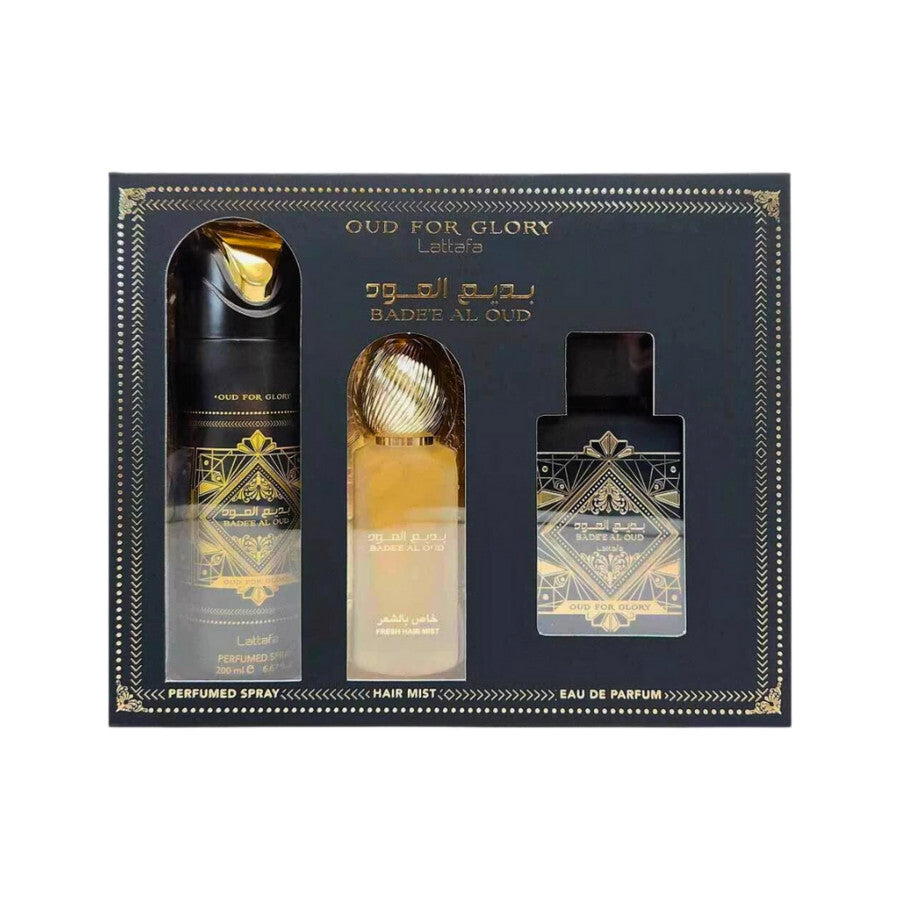 Lattafa Bade'e Al Oud For Glory 3 Pc Set 3.4 Oz Edp + 6.67 Oz Body Spray + 1.7 Oz Hair Mist