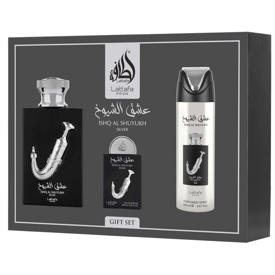 Lattafa Ishq Al Shuyukh Silver 3 Pc Set For Men 100 ml + 20 ml + 200 ml Body Spray + Travel Size