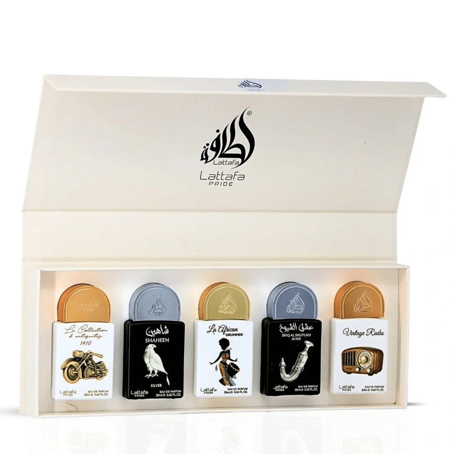 Lattafa 5 PCS mini D'ANTIQUITES 1910, Shaheen Silver, African Drummer, Shuyukh Silver, Vintage Radio 20 ML