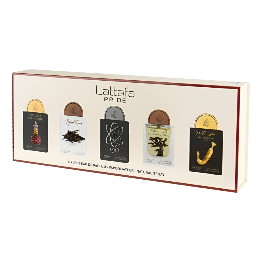 Lattafa 5 Pc Mini Spray Set Artisan Ethnique 20 Ml + Natural Oud 20 Ml + Tharwah Silver 20ml + Eternal Oud 20 Ml+Ihsq Al Shuyuk